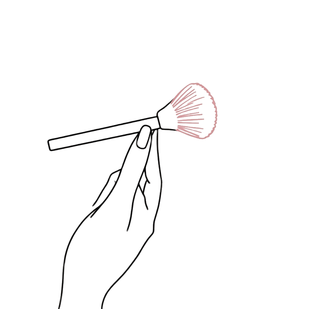 Line illustration of a hand lifting a makeup brush to a cheek