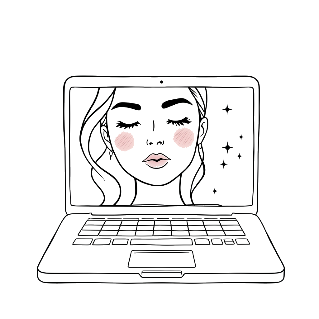 Line illustration of a laptop screen showing a finished makeup look