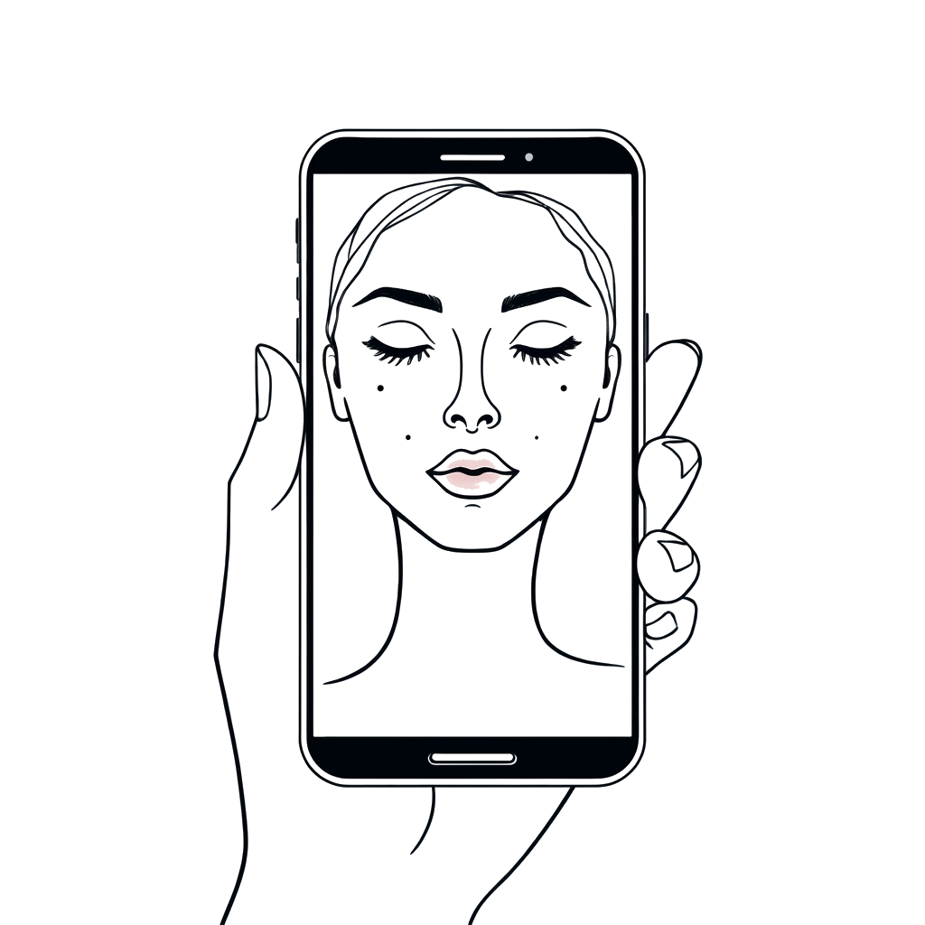 Line illustration of a hand holding a phone scanning a face